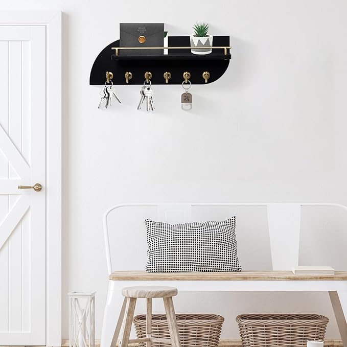 Key Holder for Wall, Wood Wall Mounted Key Rack with 6 Sturdy Metal Hooks for Bags, Coats, Umbrella, 14 Inches Mail Organizer for Home Entryway Decor, Black and Gold