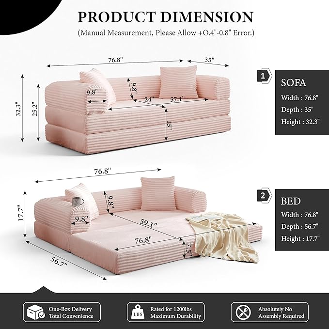 Boneless Couch Sofa Bed Sectional Couches for Living Room,Futon Cloud Couch with Sleeper Sofa,Sofas for Living Room Oversized Corduroy Upholstered (Pink)