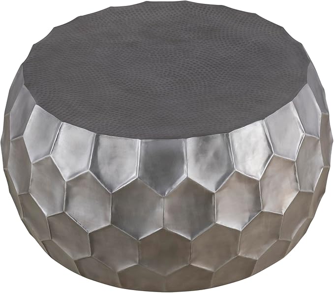 CT101 Modern Contemporary Round Aluminum Material 32" Coffee Table, Farmhouse Table with Glossy Diamond-Patterned Base Antique Silver