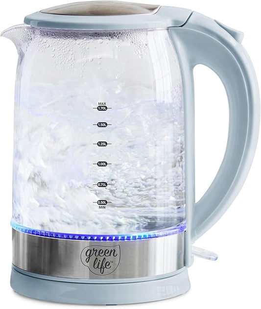 GreenLife 1.7 Liter Glass Electric Kettle, Easy One Touch Use, Quick Heating, Filtered Spout, LED Base, Auto Shut-Off, Cordless Serving, Coffee and Tea, Blue Haze