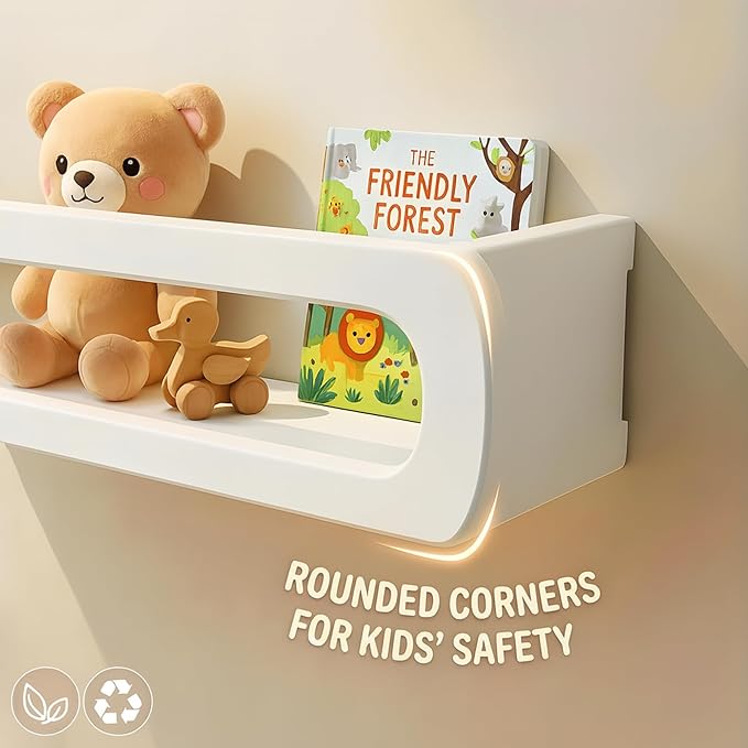 Bamboo White Nursery Floating Book Shelves for Wall, 16.5 Inch - Set of 3 Wall Mounted Multi-use Shelves, Kids Room, Playroom, Nursery Decor and Storage