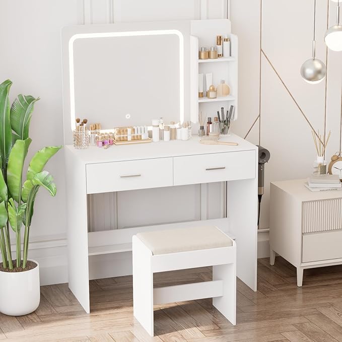 Makeup Vanity with Lighted Mirror & Electrical Outlet - 2 Shelves, 2 Drawers, Bottom Storage - Comes with Upholstered Stool （White）