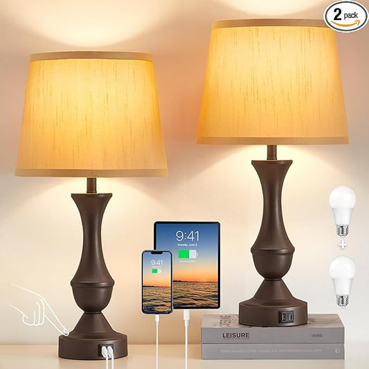 Luvkczc 22" Table Lamp Set of 2 - Farmhouse Vintage Brown Bedside Lamp with Brown Fabric Shade, Dimmable, USB C+A Ports, Nightstand Lamp for Living Room Bedroom (Bulb Included)