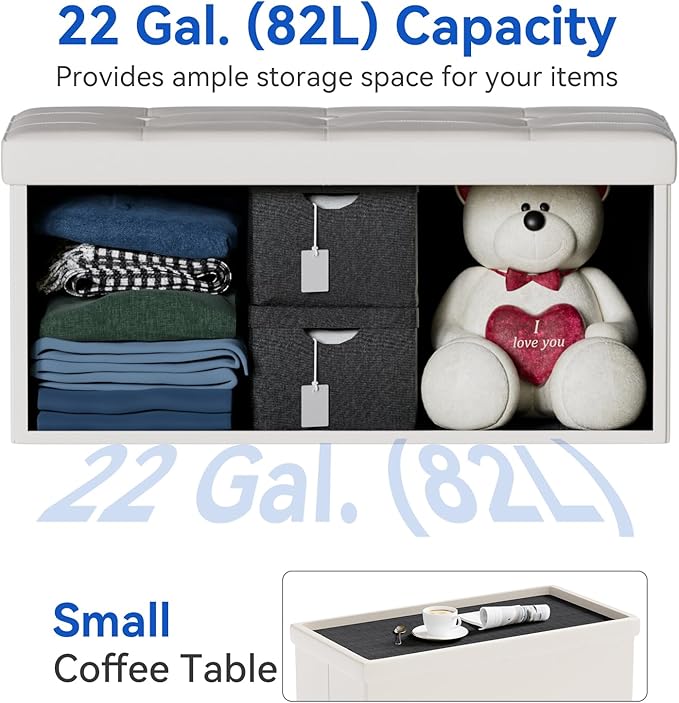 BRIAN & DANY 30 Inches Storage Ottoman Bench, Faux Leather Ottoman with Storage, Folding Bench Shoe, Foot Rest Stool, for Living Room, White