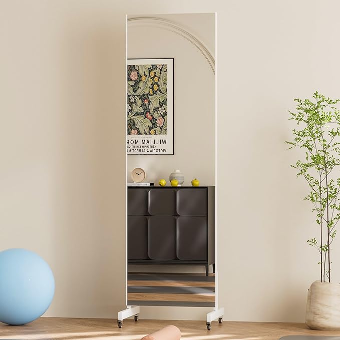 brisafe 63"x20" Ultra-Light Mobile Floor Mirror with 360° Wheels, 0.04mm Shatterproof Nano Film for Home Gym/Yoga/Dance Studio & Commercial Use (60% Insurance Savings, White)