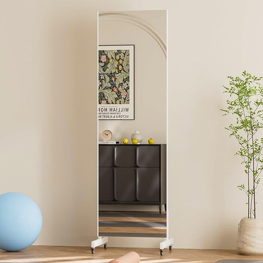 brisafe 63"x20" Ultra-Light Mobile Floor Mirror with 360° Wheels, 0.04mm Shatterproof Nano Film for Home Gym/Yoga/Dance Studio & Commercial Use (60% Insurance Savings, White)