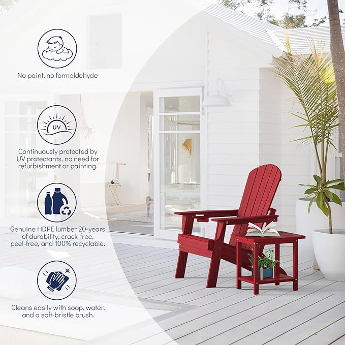 Plawdlik Folding Adirondack Chair Set of 4, SGS Tested, Wooden Textured with Cup Holder, Heavy All-Weather HDPE Comfortable Set Poolside Backyard Lawn,Red