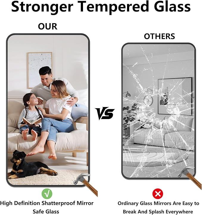 Koonmi Bathroom Mirror, 30X55 Inch Black Metal Framed Mirror for Bathroom, Tempered Glass, Anti-Rust, Rounded Rectangle Mirror for Restroom, Bedroom, Black