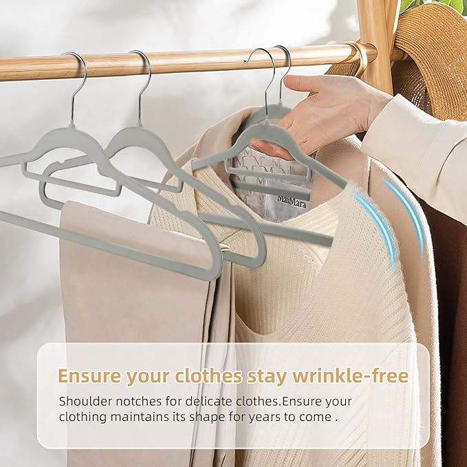 20 Pack of Grey Velvet Non-Slip Suit Hangers with 360°Swivel Hook - Heavy Duty, Space Saving, and Perfect for Adult Clothing.