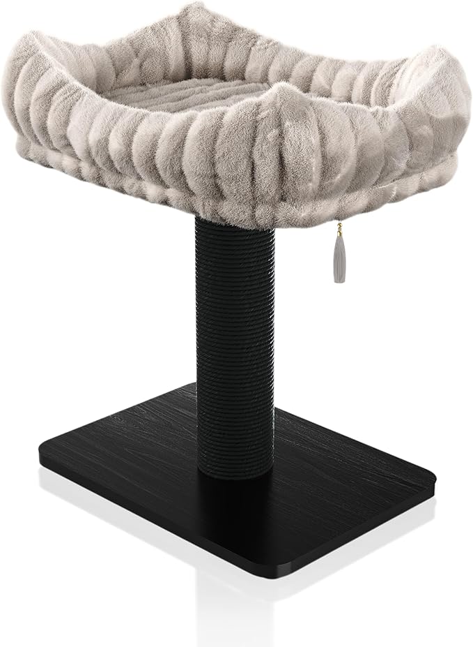 Modern Scratching Post for Indoor Cats - 15” High Cat Scratching Post with Bed Breeds - 15.7” x 11.6” Removable & Washable Cushion (Black Post with Gray Bed)