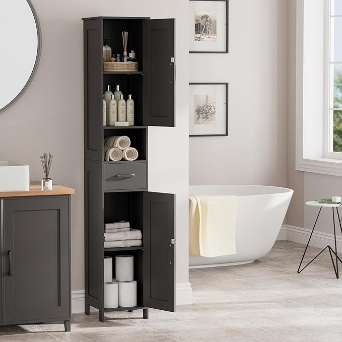 Homhedy 67" H Tall Bathroom Storage Cabinet with 2 Barn Doors and 1 Drawer, Narrow Storage Unit, Adjustable Shelves, Floor Cabinet for Bathroom, Living Room, Entryway, Kitchen, Black, (11.8" W)