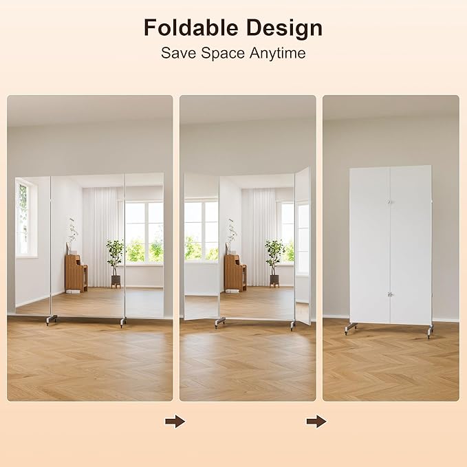 brisafe 71"x67" Folding Mirror with Wheels, 3-Panel Full Length Wall Mirror, Space-Saving Design, Shatterproof Nano Material, Portable Floor Mirror for Gym, Dance Studio, Home, Commercial Use, White