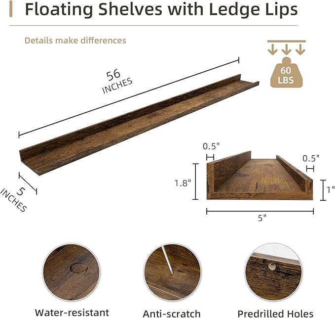 Picture Ledge Shelf, Wood Long Floating Shelves for Wall, Set of 2, 56 inch Picture Ledge Shelves, Photo Ledge Nursery Book Shelves Wall Mounted for Living Room Kids' Room Bedroom, Color Brown