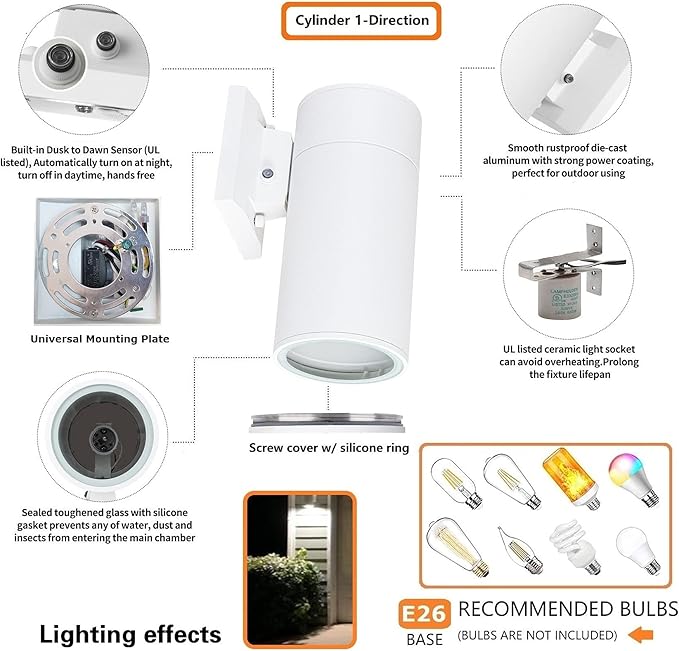 Dusk to Dawn Sensor Outdoor Wall Lamp, Exterior Lighting - ETL Listed, Die-casting Aluminum Anti-Rust Waterproof Wall Mount Cylinder Design – Up/Down Light Fixture for Porch, Garage or Doorway