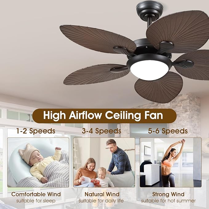 Tropical Ceiling Fans with Lights and Remote/APP Control, 44 Inch Palm Leaf Ceiling Fan with LED Lights, Outdoor Ceiling Fans for Patios Porch, Reversible Quiet Motor, Dimmable, Dark Brown
