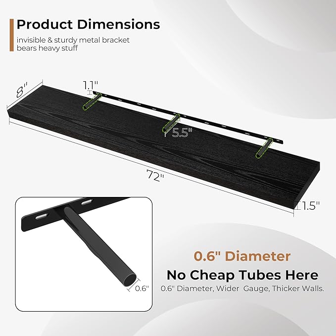 Fun Memories 72 Inch Floating Shelves for Wall, Fireplace Mantel Shelf with Invisible Heavy Duty Bracket, 8 Inch Deep Storage Shelf for Living Room, Kitchen, Farmhouse, Black