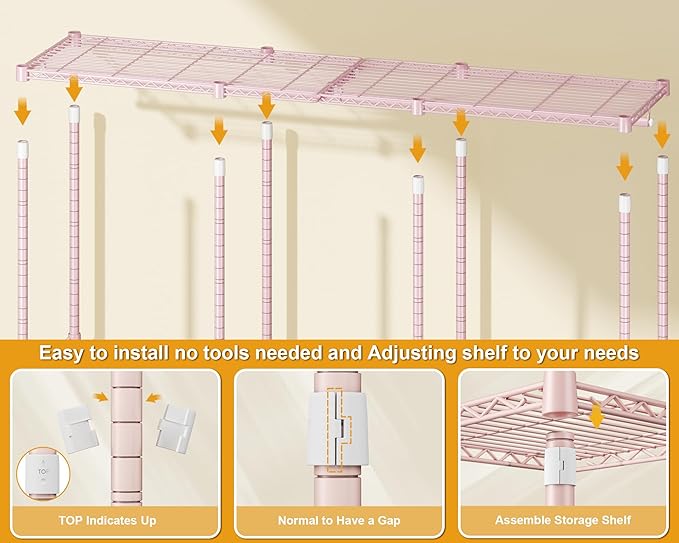 E14 Heavy Duty Clothes Rack，Freestanding Clothing Racks for Hanging Clothes，Adjustable Closet Organizers and Storage，Metal Garment Rack with Shelves 69" W x16 D x77 H，Max Load 960LBS，Pink