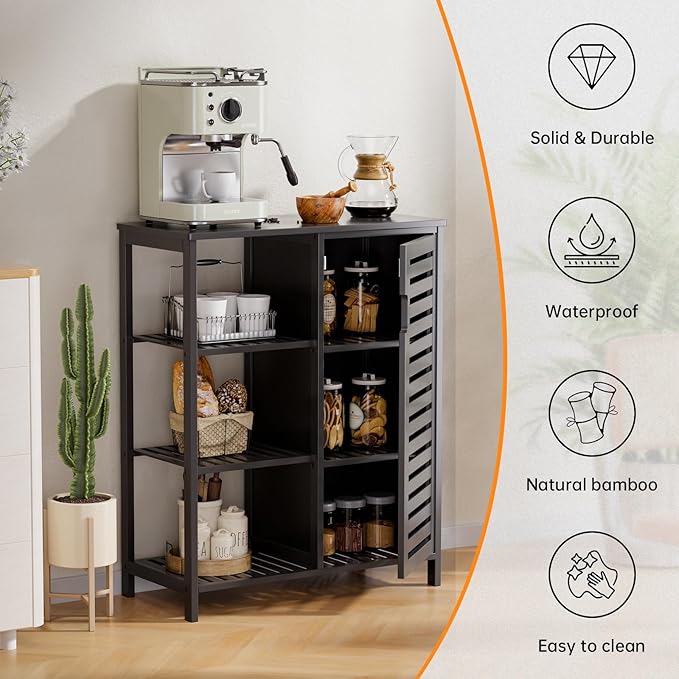 HITNET Black Bathroom Cabinet, Freestanding Storage Cabinet Bamboo Kitchen Floor Cupboard with Door and Shelf, Space Saving Side Storage Organizer for Living Room Bedroom Home Office