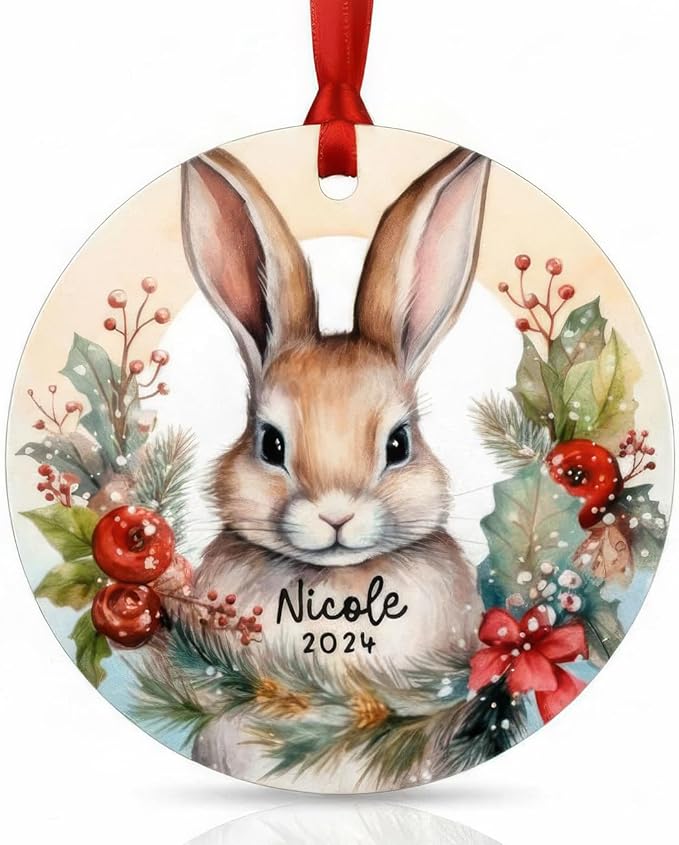 Personalized Bunny Christmas Ornament - Custom Name & Year Woodland Decoration