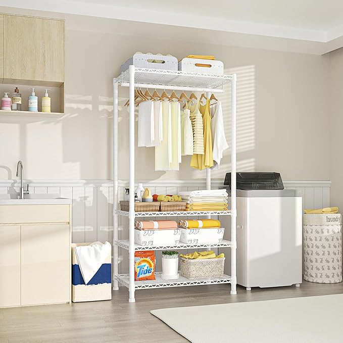 Ulif H2 Heavy-Duty Portable Closets, 4-Tier Freestanding Garment Rack Suit for Small Space and Corner, Closet Organizer System Portable Closet Wardrobe, Max Load 500 LBS, White
