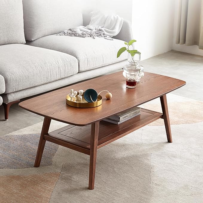 Solid Oak Wood Coffee Table - 2-Tier Modern Center Table, Living Room Tables with Double Storage for Living Rooms, Bedrooms, and Offices (Walnut, 39.37" D x 19.69" W x 17.32" H)
