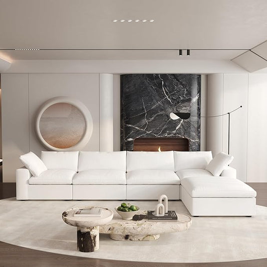 Cloud Modular Sectional Sofa with Storage Ottoman,160.6" Down Filled Comfort L Shaped Sofa Couch for Living Room,Minimalist Wide Deep Seat Convertible Couches,4 Seater and 1ottoman,White
