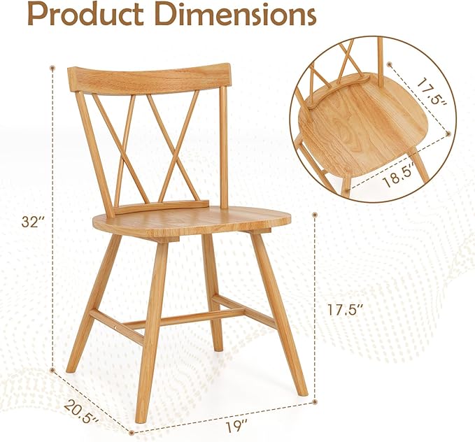 Giantex Wooden Dining Chairs Set of 4, Farmhouse Windsor Kitchen Chairs w/Cross Back, Wide Seat, Rubber Wood Frame, Armless Side Chairs for Kitchen, Dining Room, Living Room, Restaurant, Natural