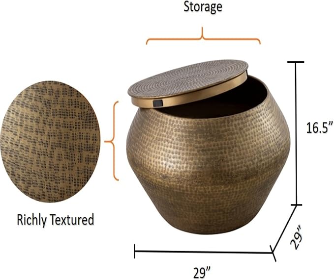 Albany Living Modern Cylindrical Aluminum Hammered Embossed Texturing, Metal Drum Coffee Table with Removable Lid for Storage,Fully Assembled, for The Living Room and Bedroom, Brass