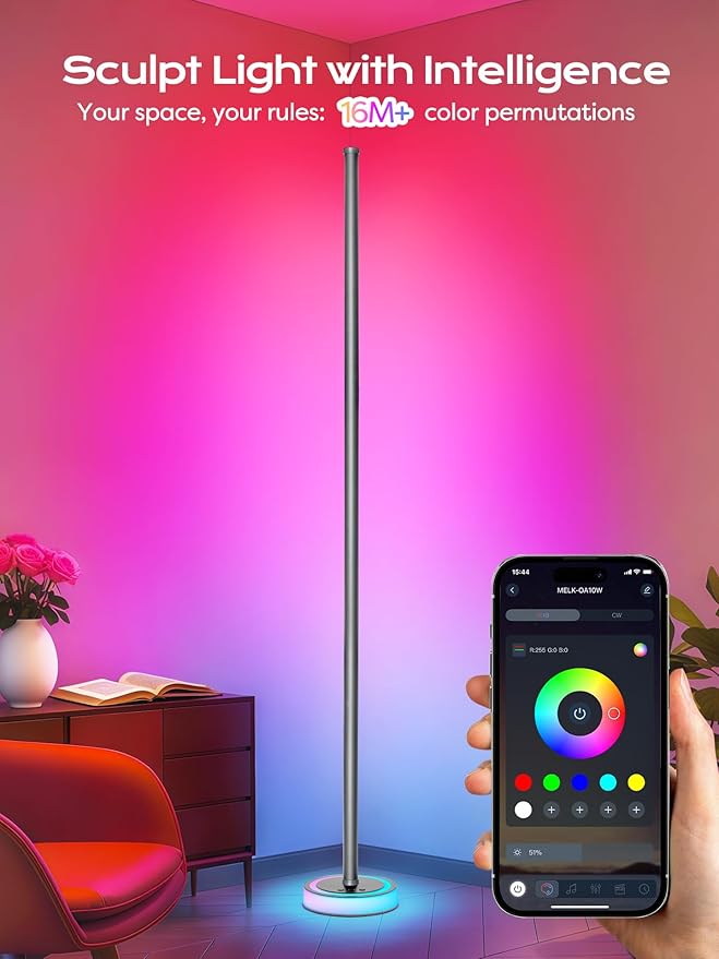 Smart Corner Floor Lamp, RGBICW LED Standing Lamp with App Control, 16 Million Colors with Music Sync, Dimmable Ambient Light for Bedroom, Living Room, Home Decor (Gray)