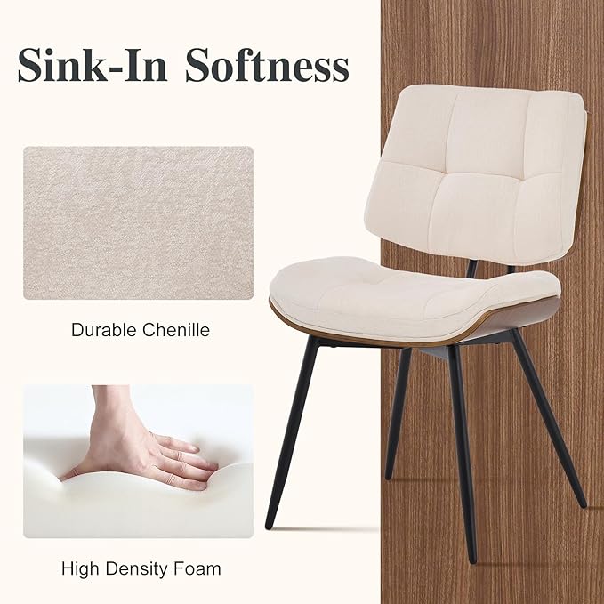 Dining Chairs Set of 4,Mid Century Modern Kitchen Chairs with Walnut Bentwood Back and Metal Legs,Upholstered Fabric Dining Room Chairs for Kitchen, Living Room,Beige