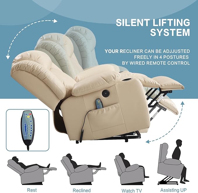 PARKOL Power Lift Recliner Chair for Elderly Breathable Leather Recliner Chair with Massage and Heat for People Limited Mobility (Beige, Small)