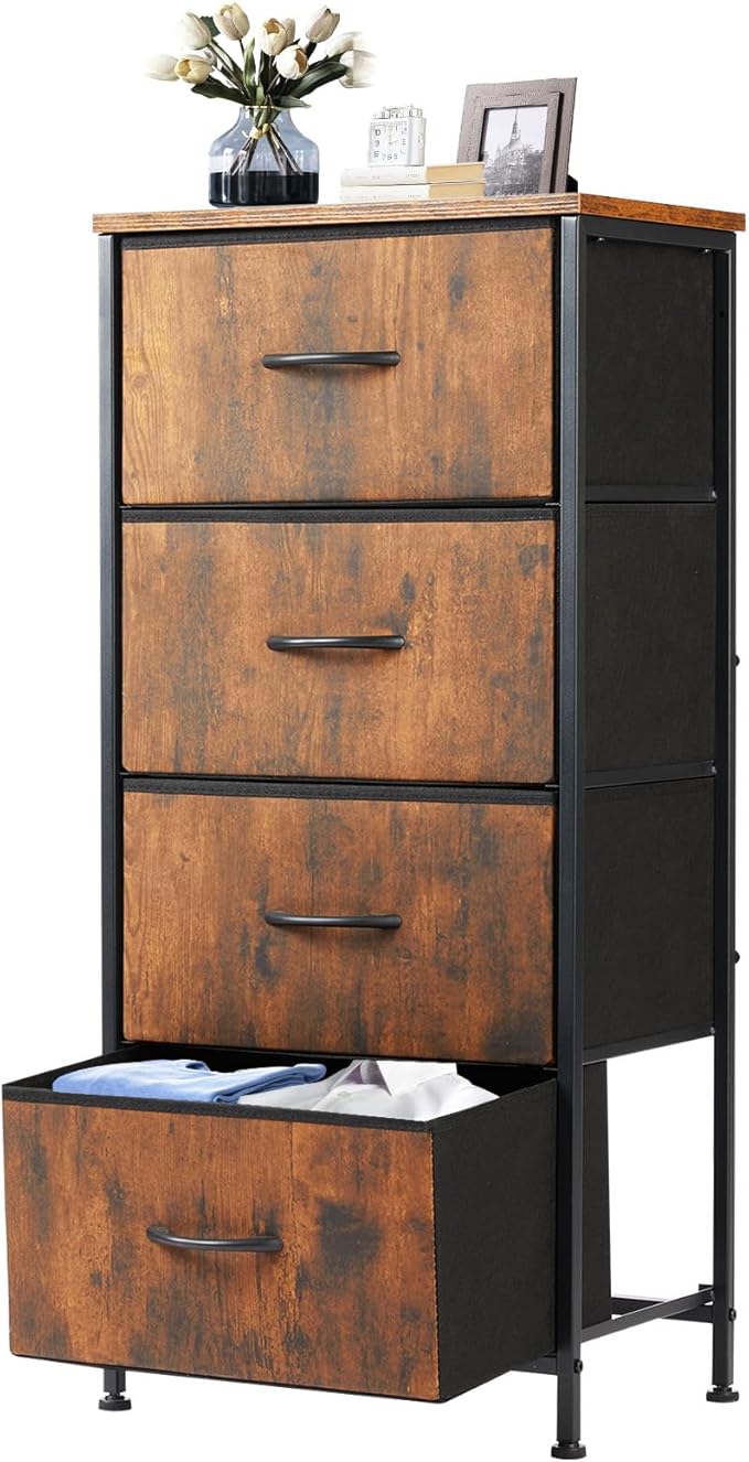DUMOS Nightstand with 4 Drawers Bedside Table with Removable Fabric Bins Sturdy Steel Frame Wood Top Organizer Furniture for Bedroom Closet Living Room