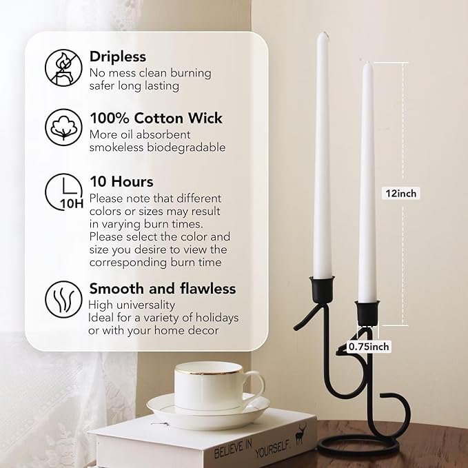 New Burning Formula Unscented Dripless 12-Inch Taper Candles Set of 12 - White, for Wedding, Dinner - Smokeless, Long Burning - Hand Poured, Colored Tall Candlesticks - Blancas