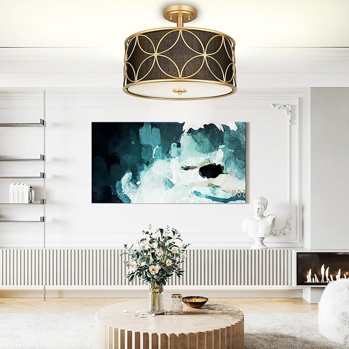 3-Light Semi Flush Mount Ceiling Light, 16" Drum Light with Fabric Shade, Modern Close to Ceiling Lamp for Living Room Bedroom Dining Room Kitchen Hallway Entry Foyer (Black Gold)