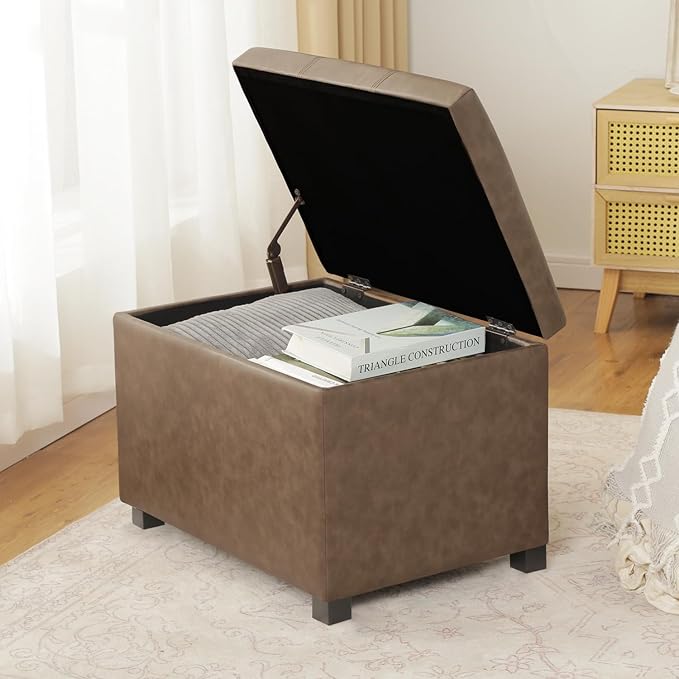 Joveco 24" Leather Storage Ottoman Bench, Rectangle Foot Rest Stool for Living Room, Bedroom, Entryway, Earthy Light Brown Veining