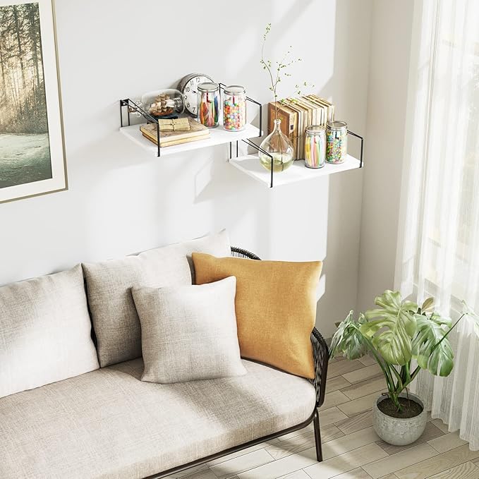 SRIWATANA Wide Floating Shelves, Rustic Wood Wall Shelves Set of 2, Wall Mounted Shelves with Large Capacity for Many Rooms Decor, White