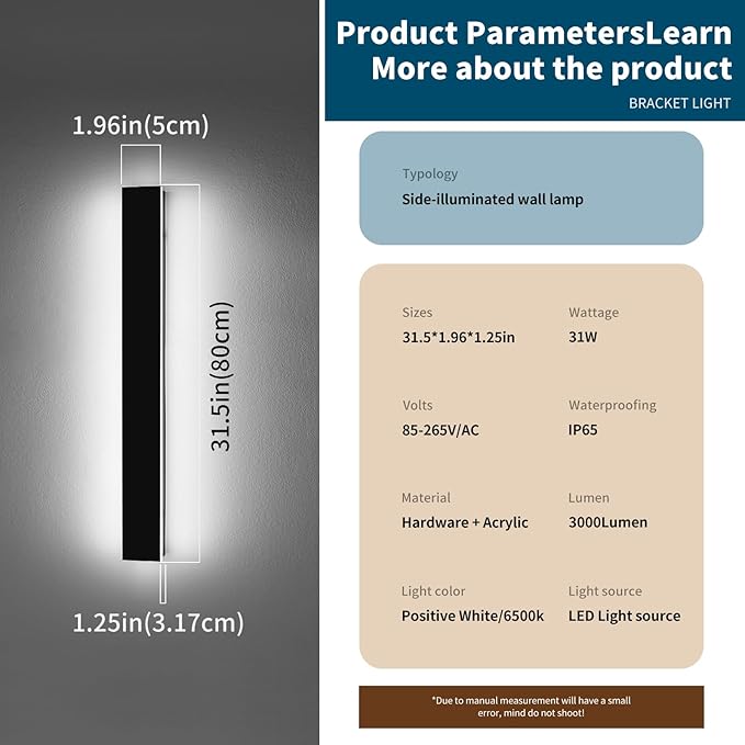 2 Pack 31.4inch Modern Exterior Wall Lights, 6000K Cold White, Outdoor Wall Mount Linear Sconces, 31W, IP65 Waterproof Minimalist Strip Led Lighting for House, Porch, Garage, Garden