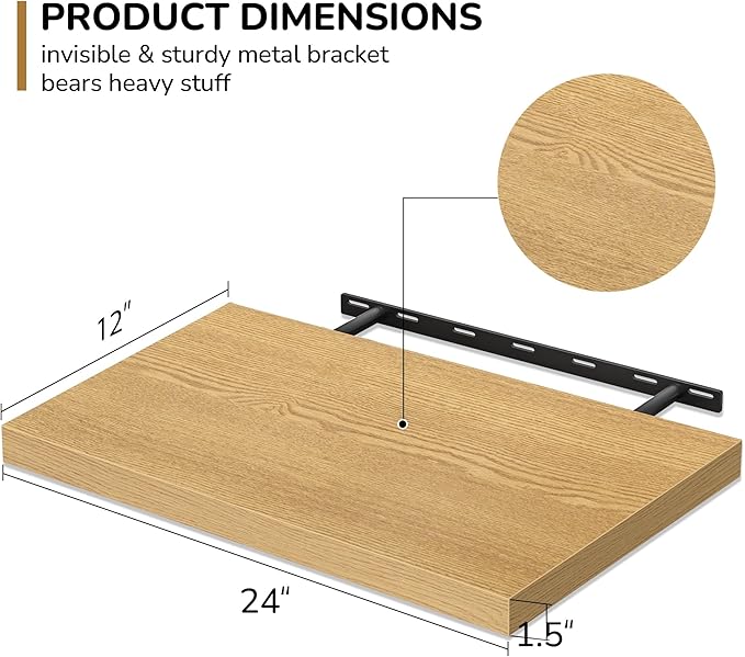 Fun Memories Floating Shelves - 2 Pack 12 Inch Deep Rustic Wooden Wall Shelves - Extra Deeper & Thicker Wall Mounted Storage Shelf for Living Room, Kitchen, Farmhouse - 24" W x 12" D x 1.5" H - Oak