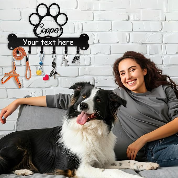 Personalized Dog Leash and Key Holder for Wall - Custom Name Metal Wall Mount With Hooks, Storage Organizer, Key Rack Decor - Gifts for Dog Lovers, Entryway, Farmhouse