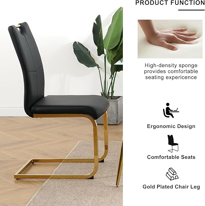 Goujxcy Gold Dining Table Set for 6, Glass Kitchen Table with Chair Set, Modern 51" Rectangle Glass Dining Table and 6 Black PU Leather Chairs with Metal Frame for Kitchen Dining Room