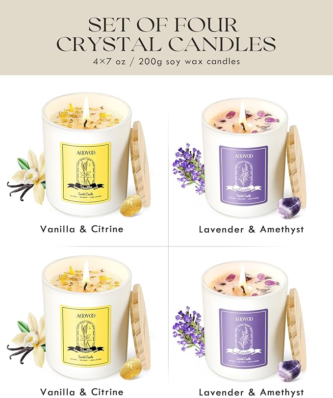 AOOVOO Lavender Candles Set for Women - 4 Pack Candles for Home Scented, 28 oz 200 Hour Long Lasting Aromatherapy Candle with Crystals Inside, Birthday Gifts Christmas Candle for Women Mom