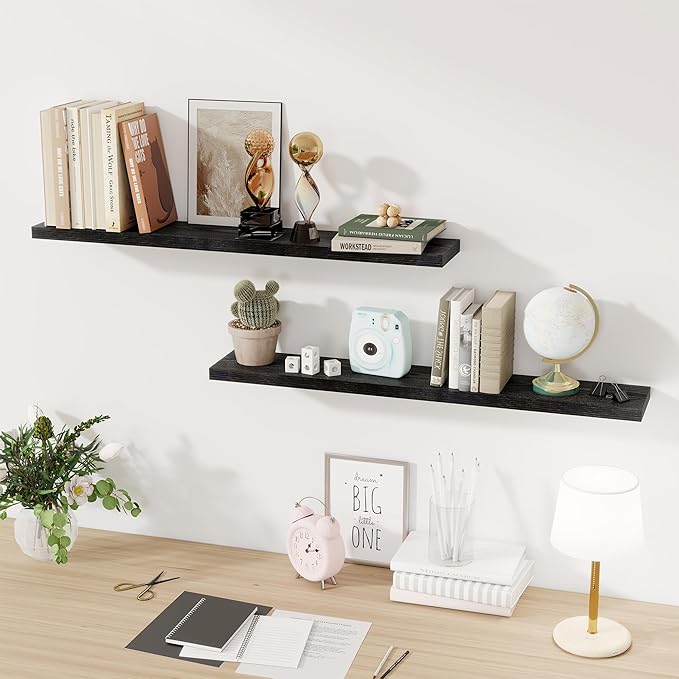 Fun Memories Floating Shelves for Wall, 48 Inch Floating Shelves for Home Decor, Wall Mounted Rustic Wood Shelves, Bathroom, Hanging Deep Shelf for Bedroom, Living Room, Kitchen (Black, Set of 2)