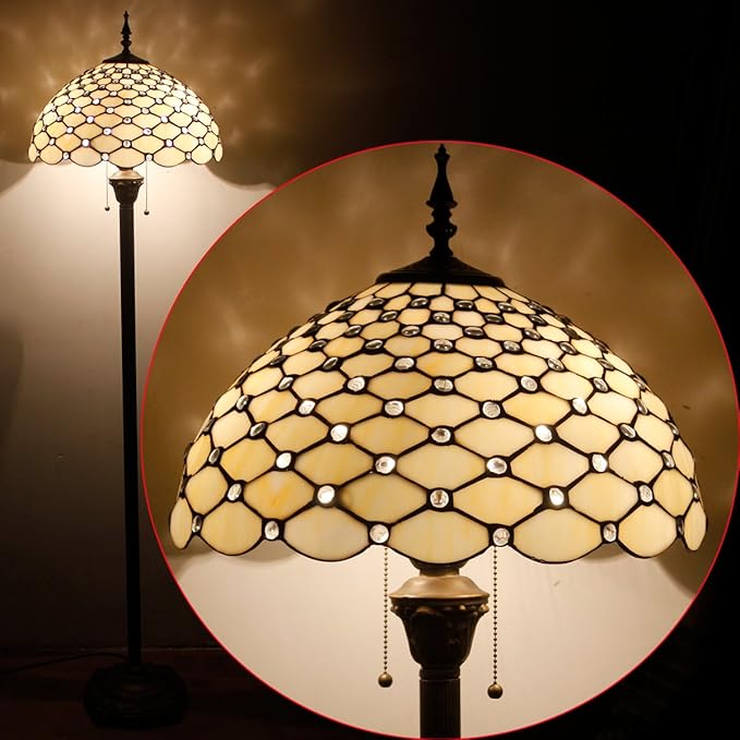 WERFACTORY Tiffany Floor Lamp Cream Amber Stained Glass Bead Standing Reading Light 16X16X64 Inches Antique Pole Corner Lamp Decor Bedroom Living Room Home Office S005 Series
