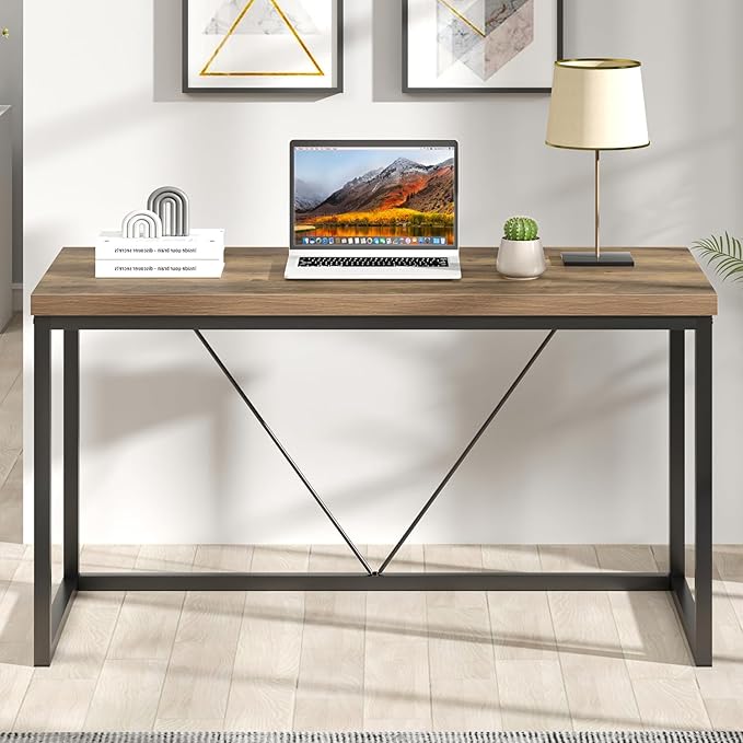 FOLUBAN Modern Home Office Desk, Rustic Wood and Metal Computer Desks, Industrial Study Writing Gaming Table Workstation, Vintage Laptop PC Desk, Oak 53 Inch