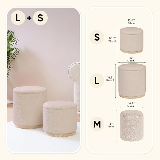 PINPLUS Round Ottoman with Storage Set of 2, Vanity Stool with Storage, Small Ottoman with Tray Teddy Velvet Foot Rest Stool Ottoman for Bedroom, Living Room, Dorm (Beige)