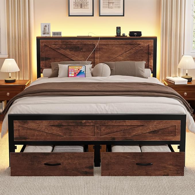 Rustic King Size Bed Frame with Storage Drawers and Barn Door Headboard, Farmhouse LED King Bed Frame with Charging Station, Metal Industrial Platform Bed Frames, No Box Spring Needed, Brown