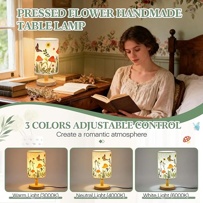 Hortsun Pressed Flower Lamp Vintage Table Small Lamp Cottagecore Decor Boho Night Light Decorative Rustic Night Light for Living Room, Bedroom or Office, Christmas Gift for Women