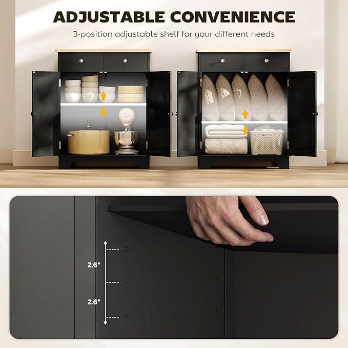 HOMCOM Sideboard Buffet Cabinet with Solid Wood Countertop, Modern Kitchen Storage Cabinet, Coffee Bar Cabinet with 2 Drawers, Doors and Adjustable Shelf, Black