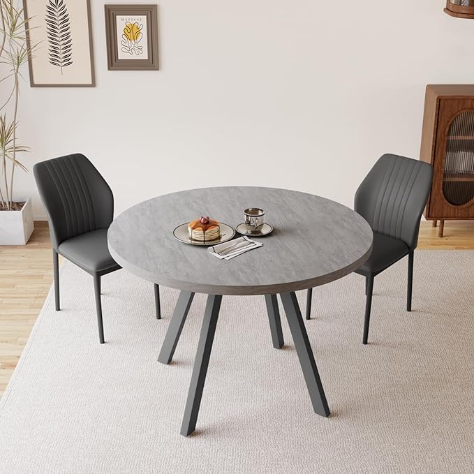 34.6'' Round Dining Table and Chairs for 2, Space Saving Modern Casual Coffee Table Set for Apartment Kitchen Dining Room (Grey Table+2 Balck Chairs)
