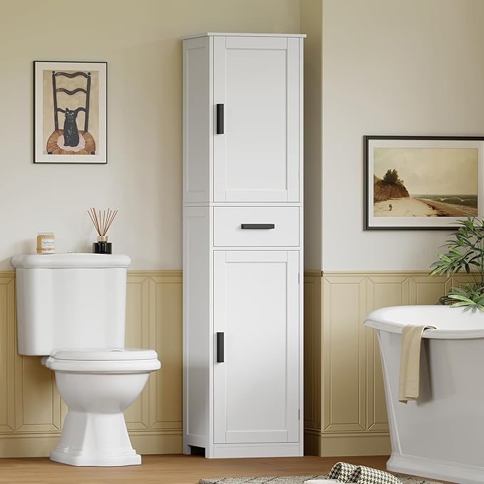 usikey 67'' Tall Bathroom Cabinet, Storage Cabinet with 4 Shelves & 2 Doors, Narrow Storage Cabinets for Bathroom, Living Room, Home Office, White